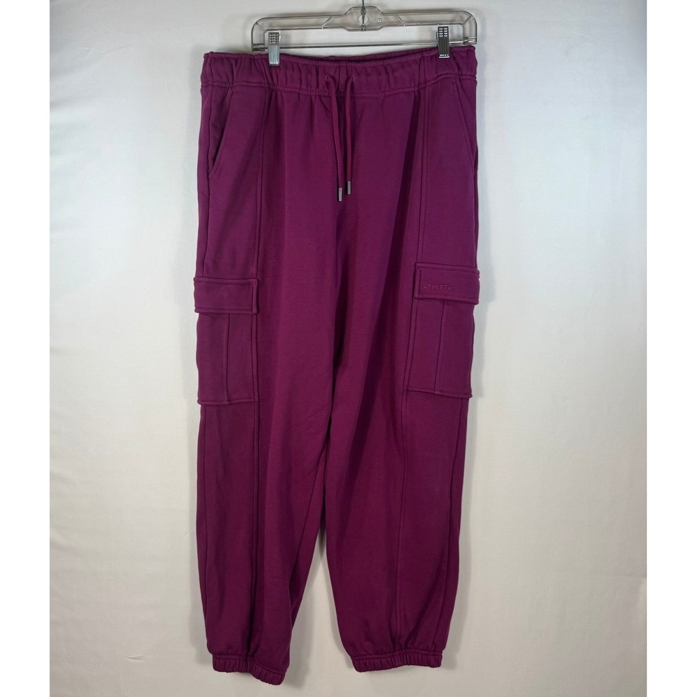 Athleta Womens Cargo Joggers Purple French Terry High Rise Sweatpants Large